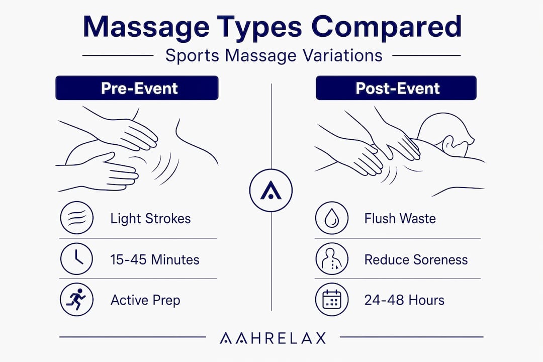 Infographic comparing pre-event and post-event sports massage