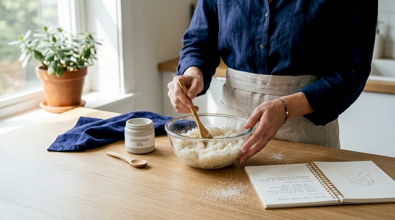 Hands mixing sugar scrub at countertop