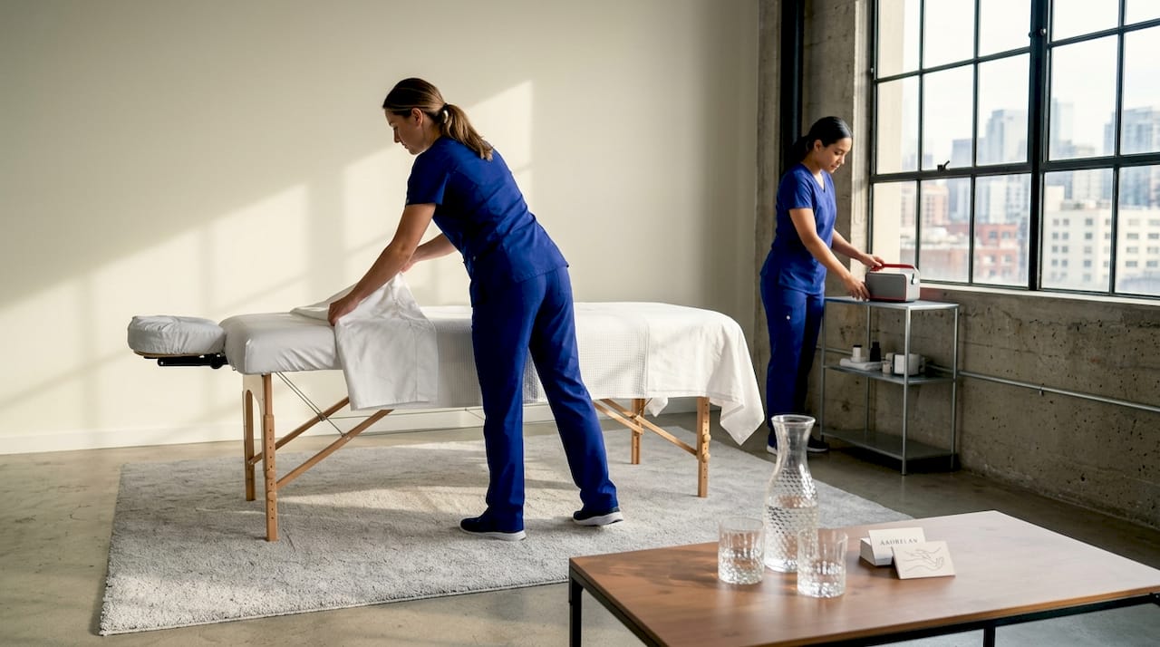 Massage therapists preparing home session