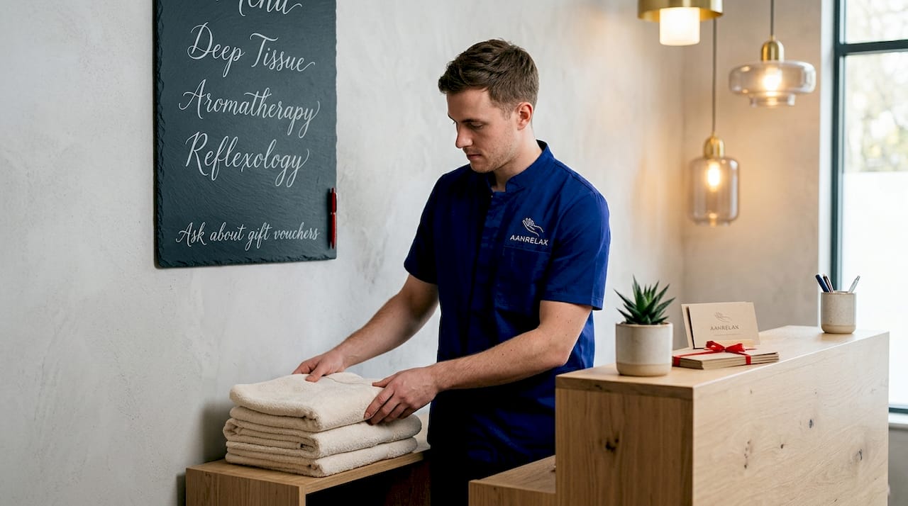 Spa therapist beside massage menu and towels