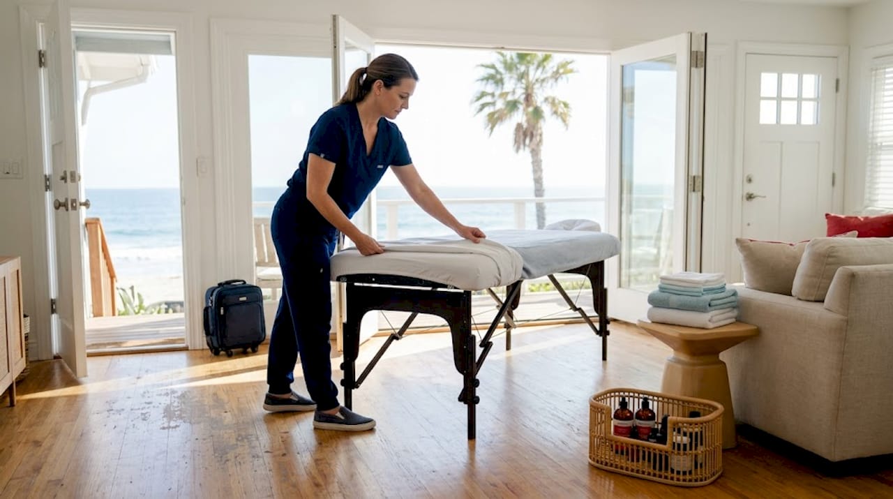 Mobile therapist sets up massage table in home