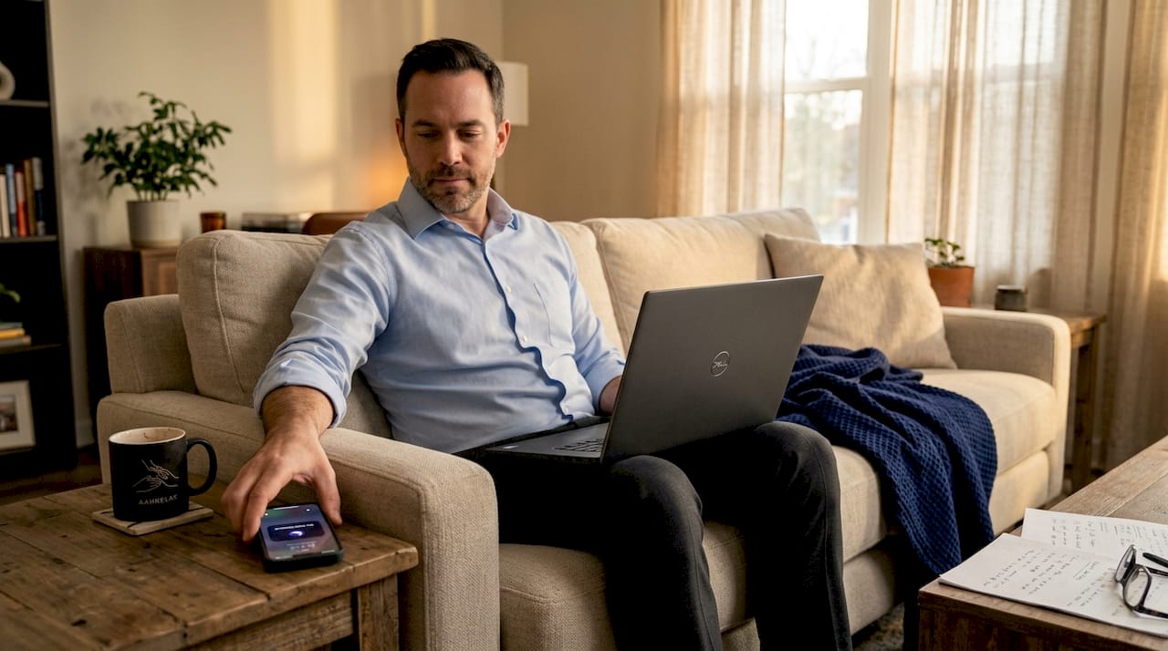 Man scheduling massage in living room