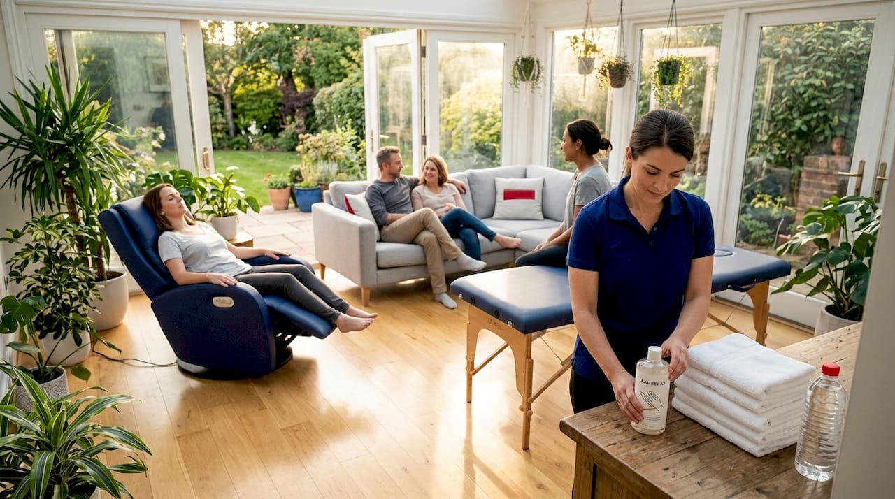 Group relaxing in home massage session