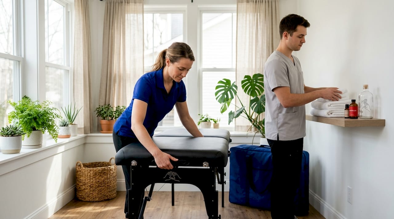 Therapists prepping group massage tables
