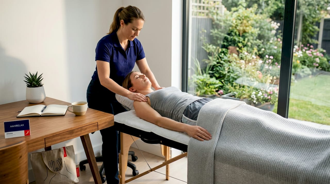 Massage therapist in living room with client