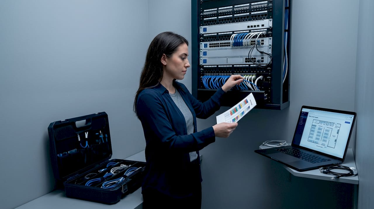 Technician organizing IDF network closet cables