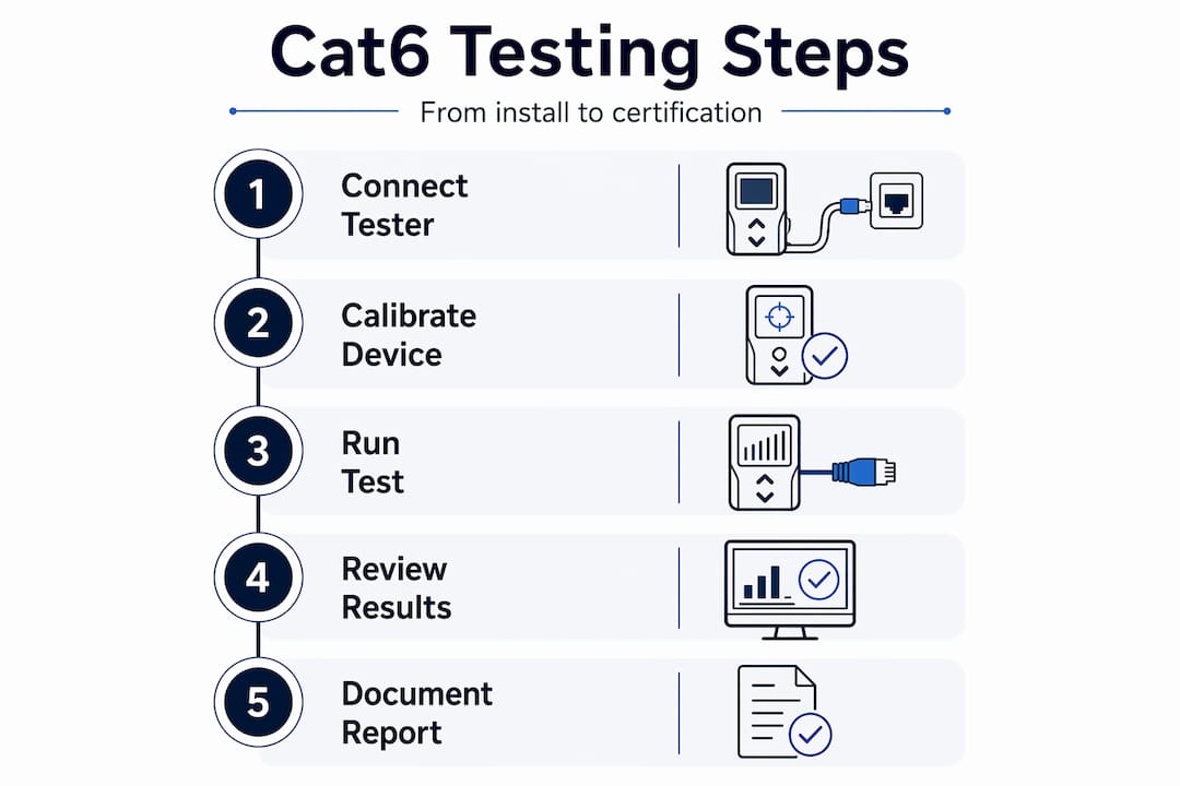 Infographic with Cat6 cable testing step-by-step flow
