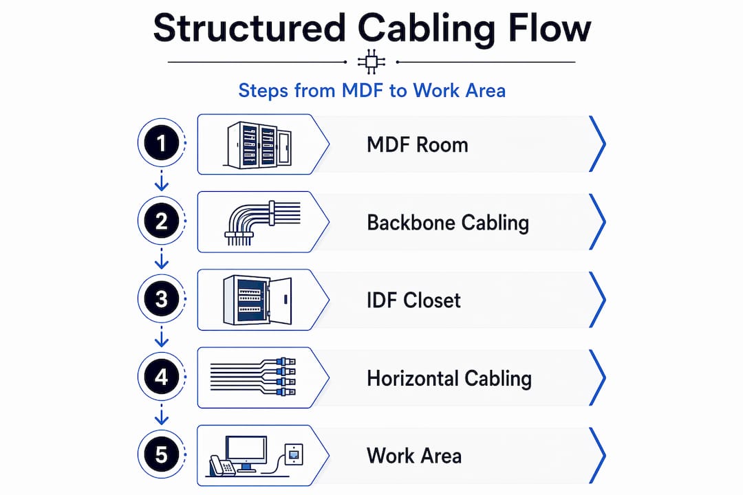 Infographic showing structured cabling flow steps