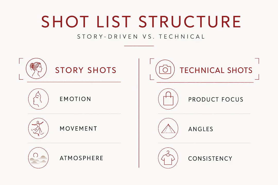 Infographic comparing story-driven and technical shot list types