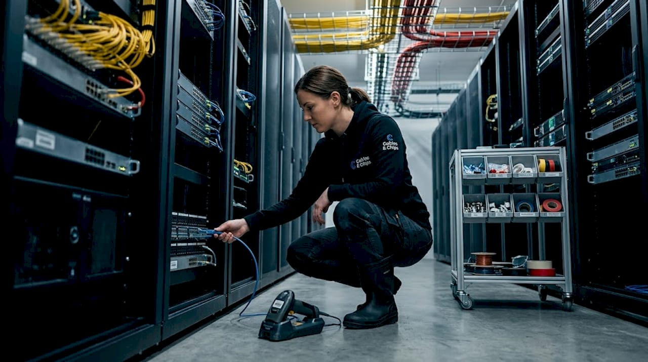 Technician connecting Cat8 cable in data center