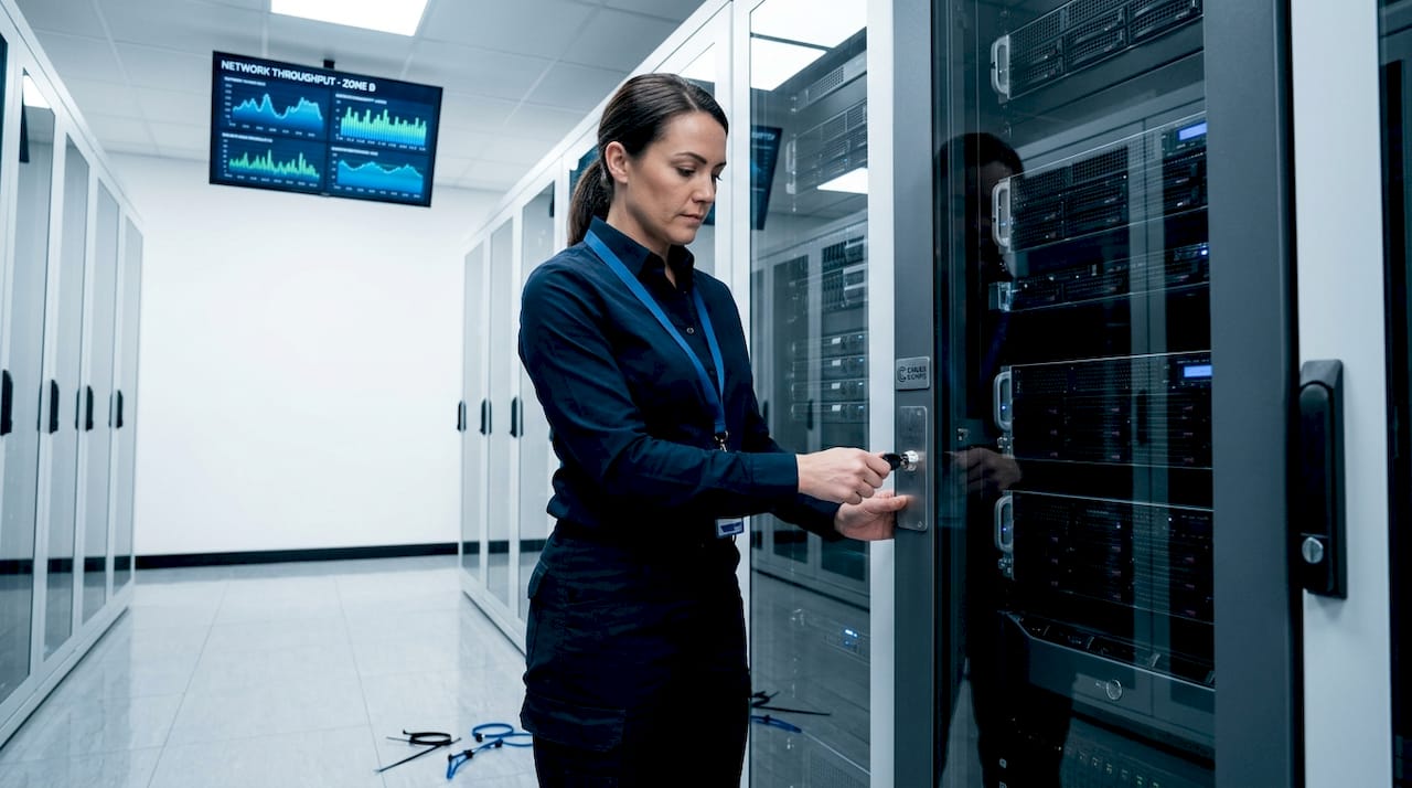 Staff unlocking enclosed server cabinet