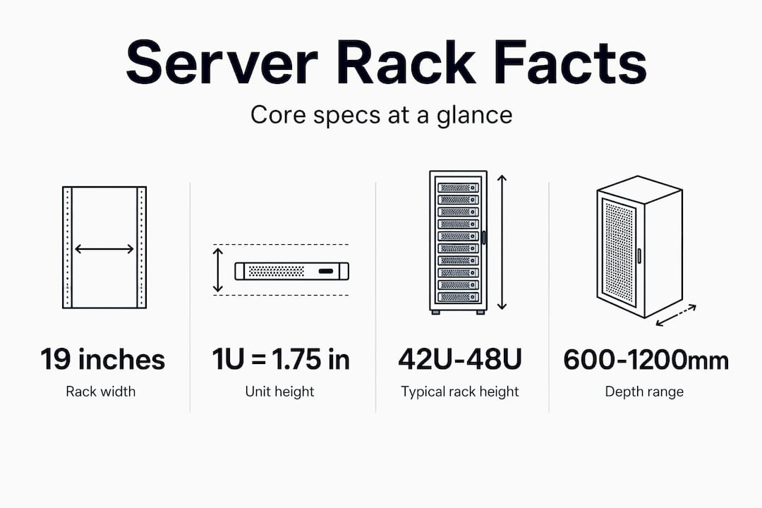 Server rack key spec infographic, labeled dimensions