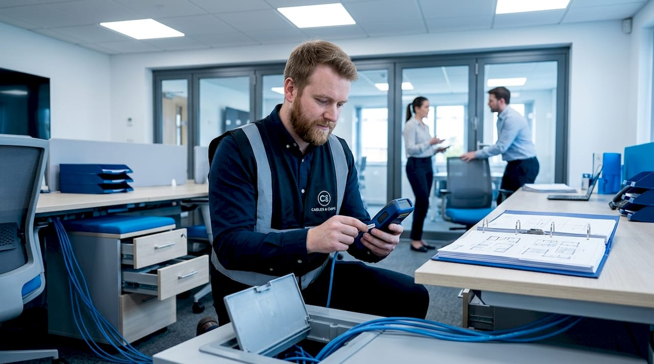 Technician labeling cable drops at office desks