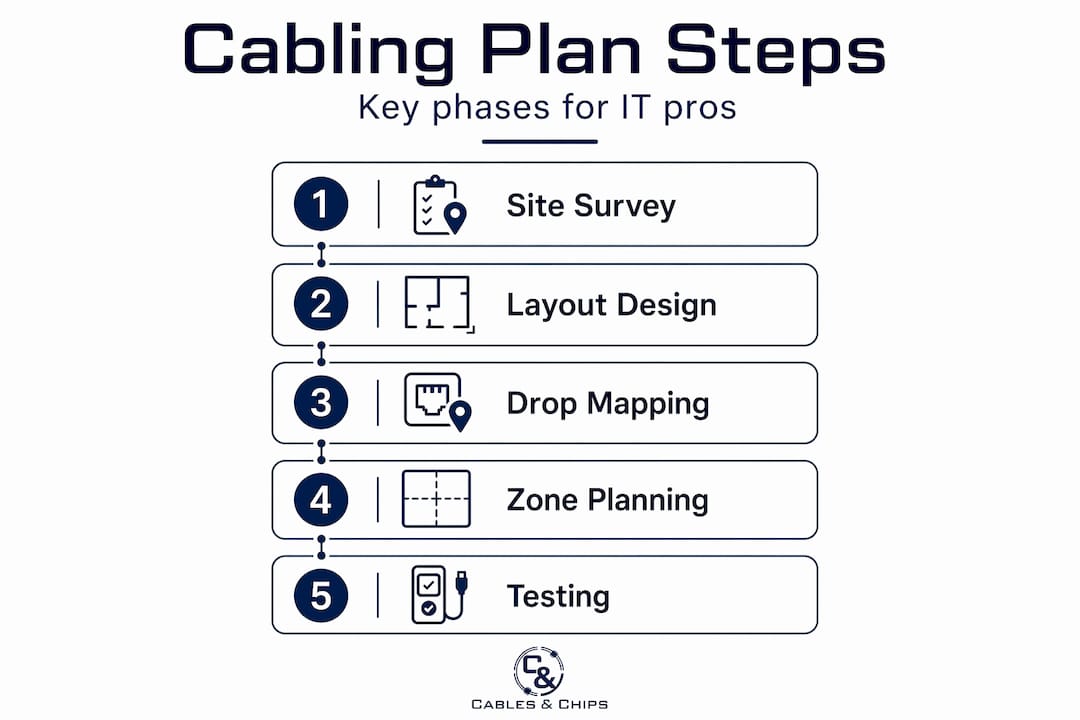 Infographic showing five steps of open office cabling planning