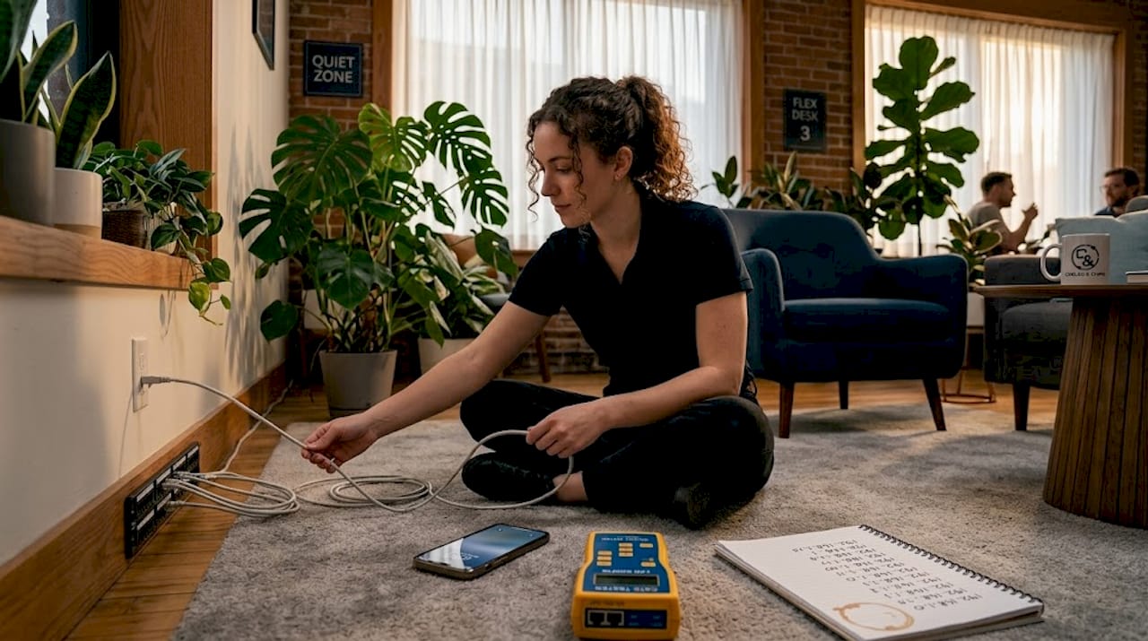 IT staff tracing CAT6 cables on office floor