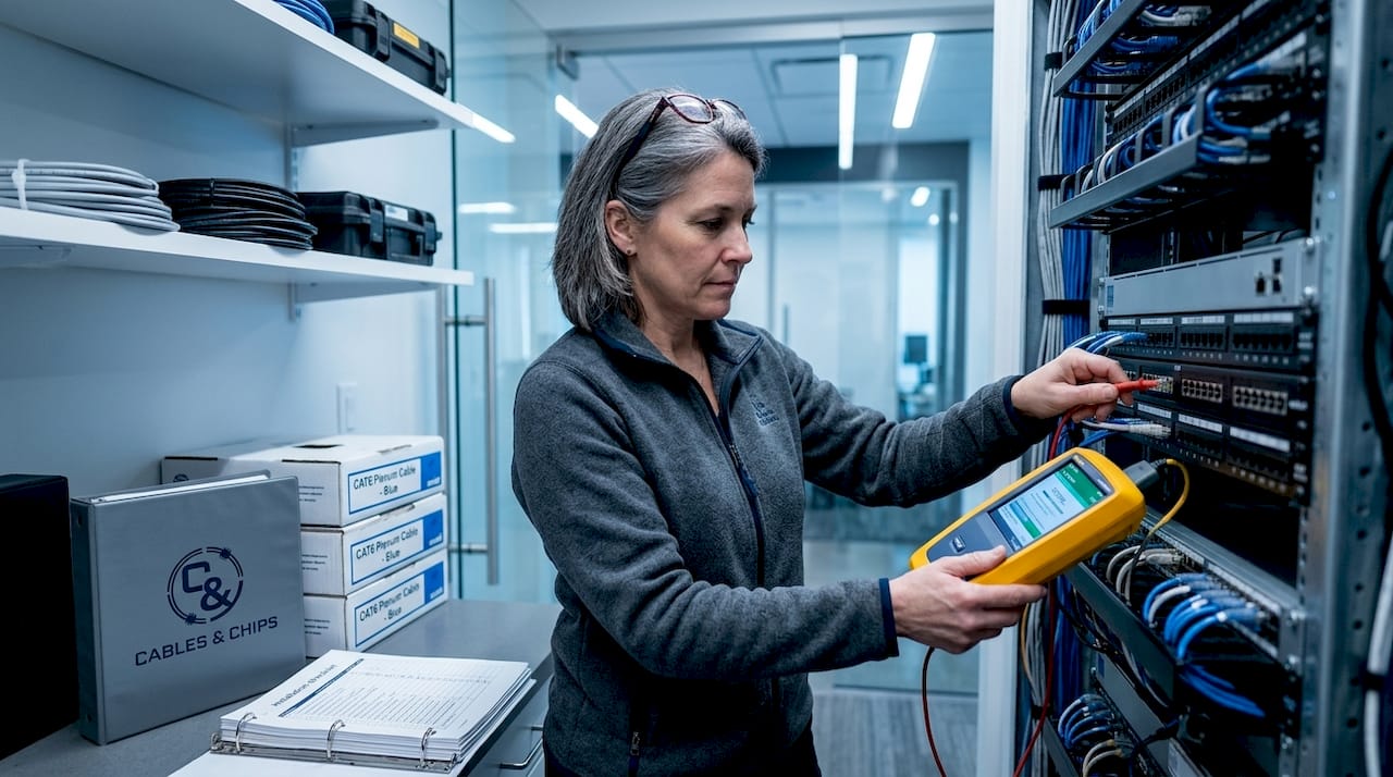 Technician certifying structured office cabling