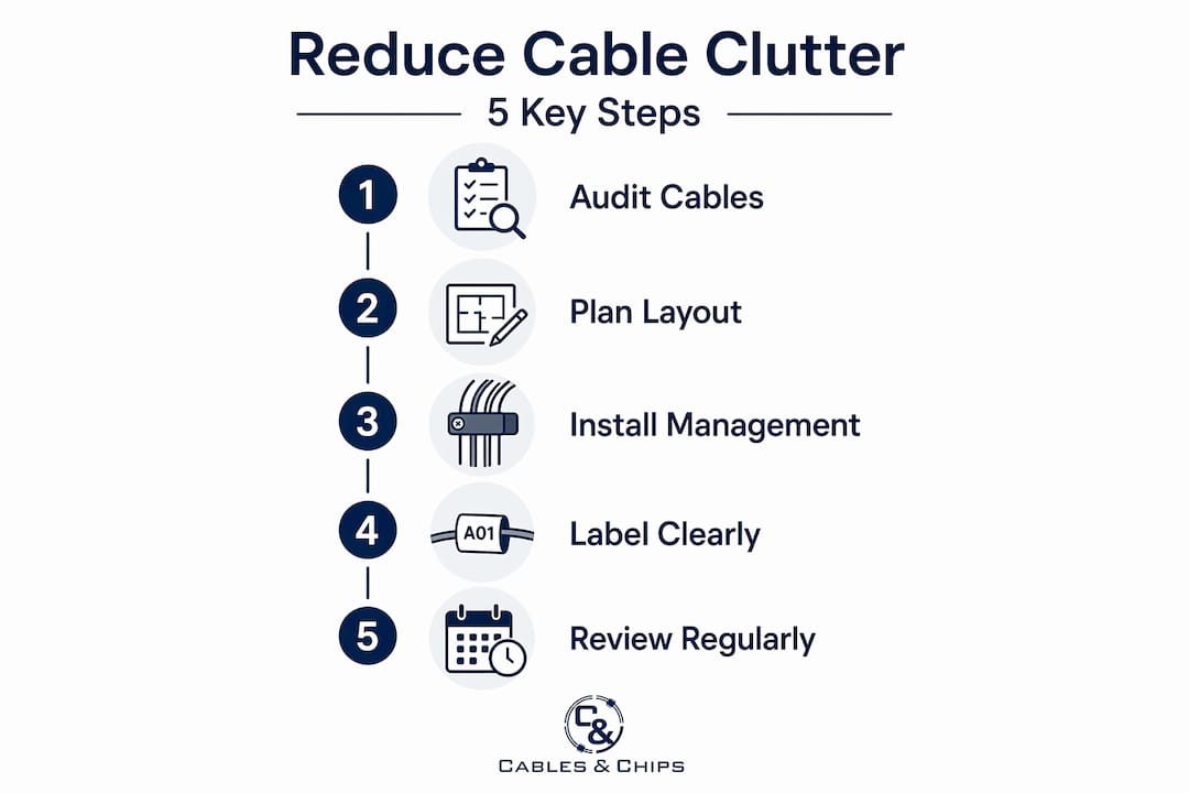 Infographic showing five steps to reduce cable clutter