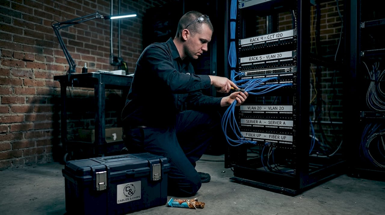 Technician installing Cat6A cables in server closet