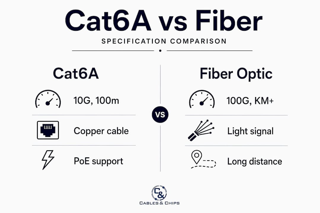 Infographic comparing Cat6A and fiber optic specs