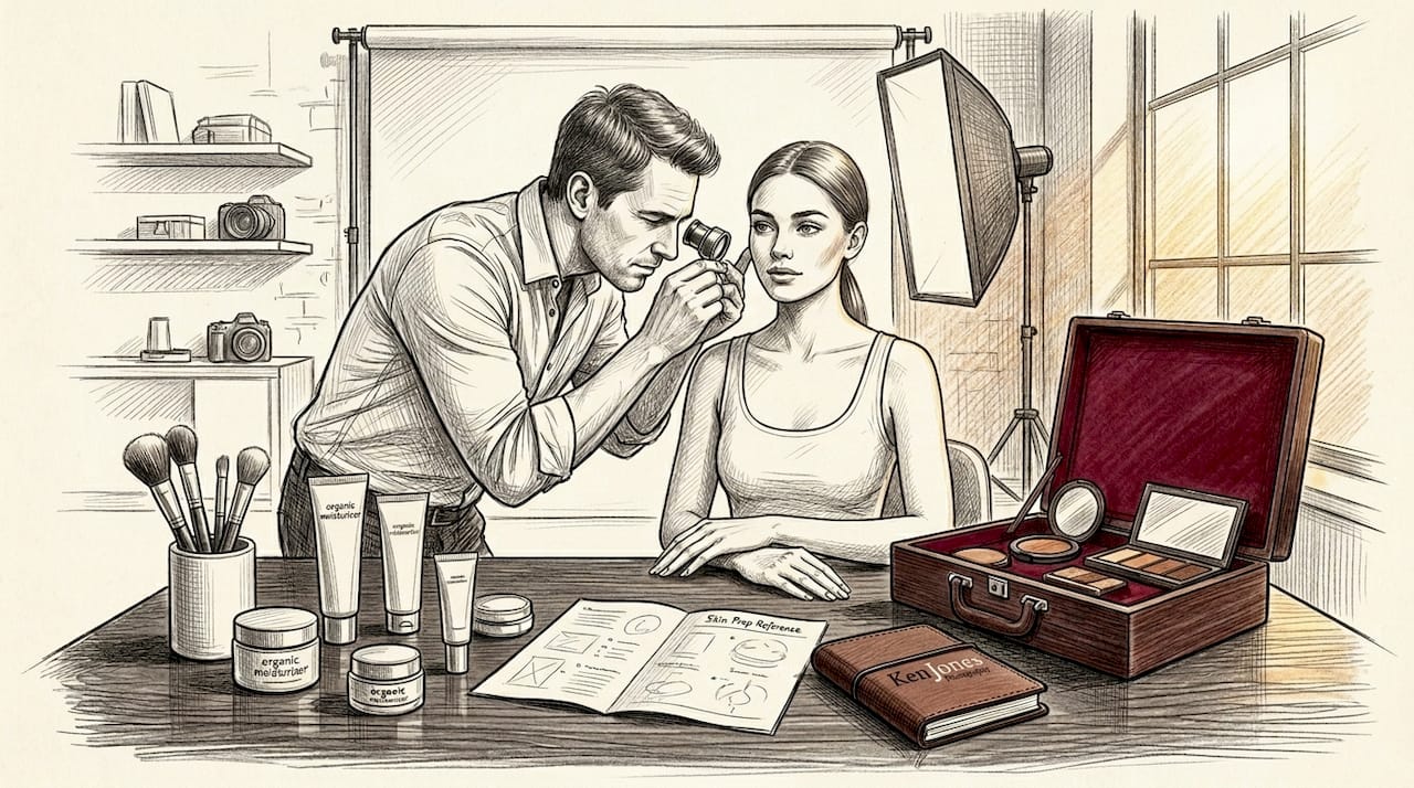Beauty photographer and model in studio preparing skin