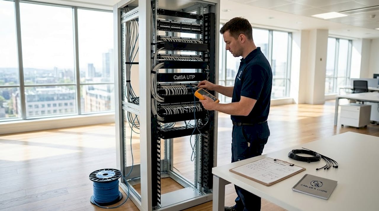 Technician testing Cat6A UTP cable connections