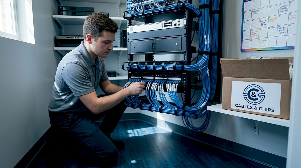 Technician organizing cables in network rack