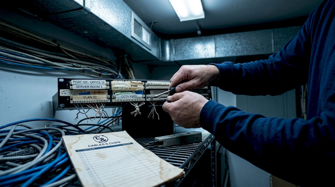 Technician wiring patch panel in server closet