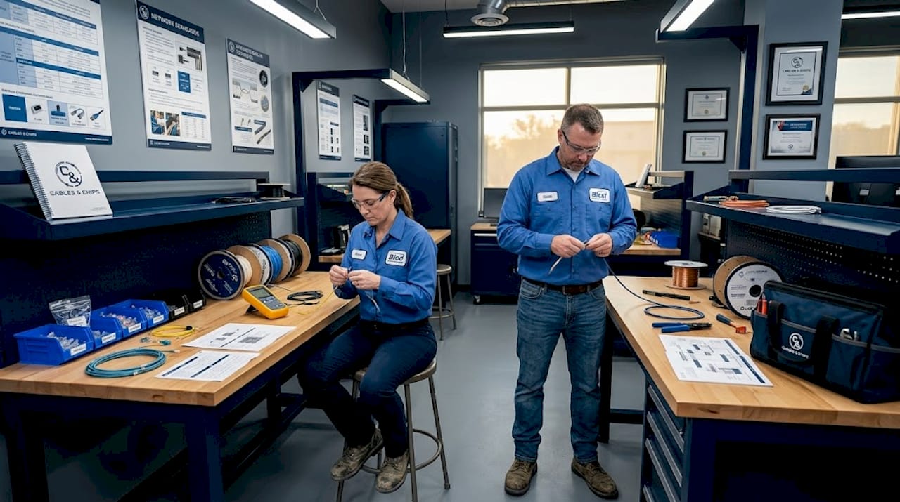 Installers practicing cable termination in training lab