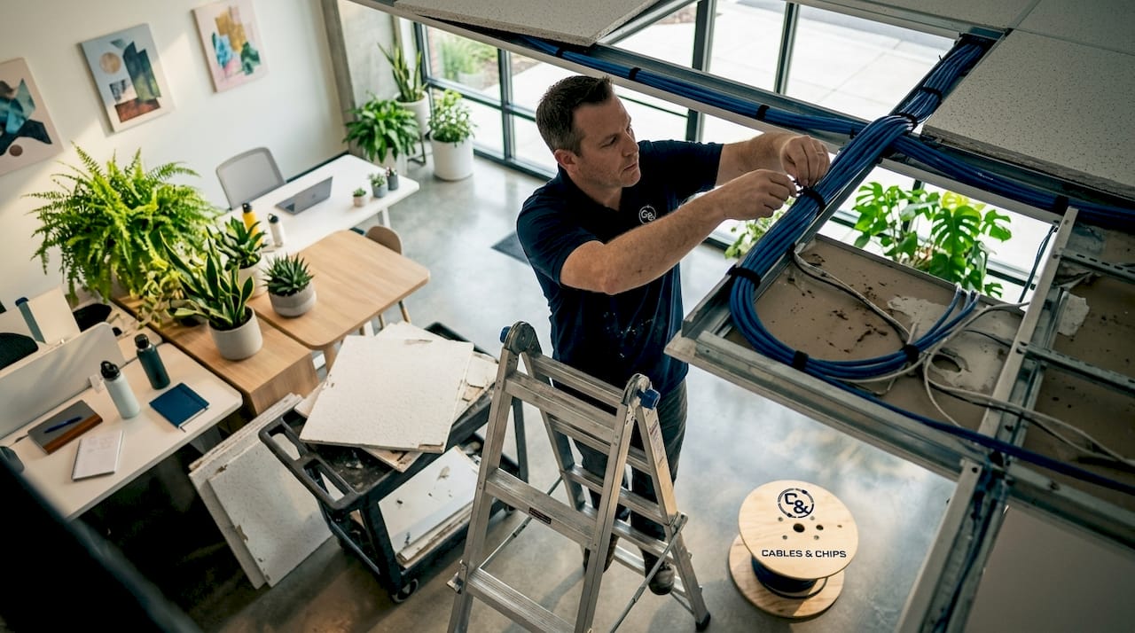 Technician installing Cat6A cables in office