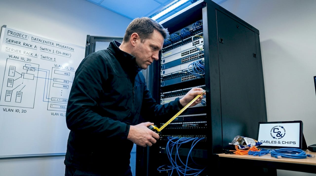 IT specialist measuring patch cord length at rack