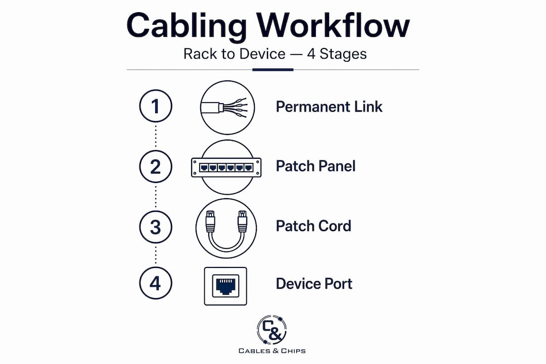 Infographic showing four steps in server rack cabling