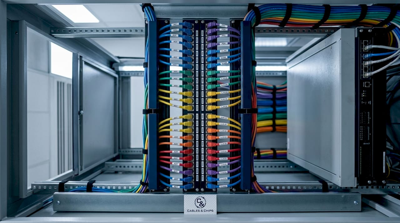 Close-up of structured cabling and patch panel