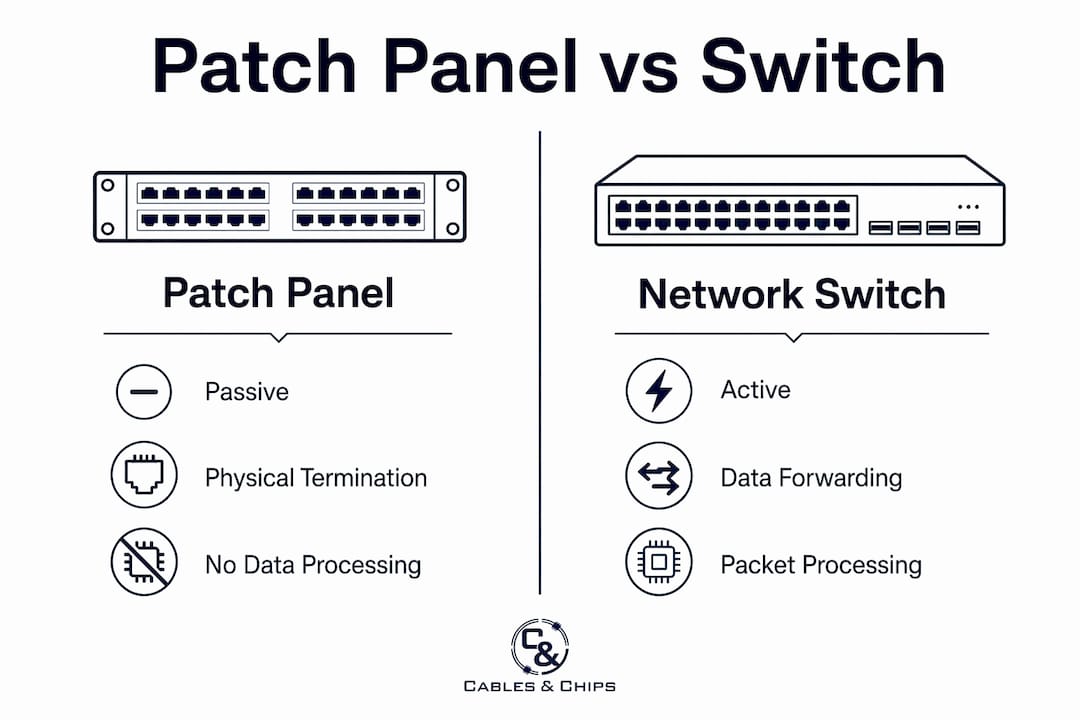 Infographic comparing patch panel and network switch