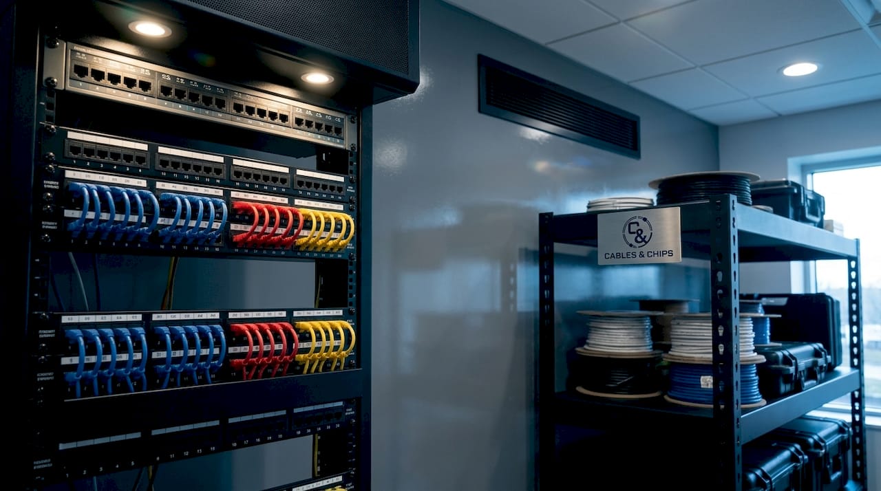 Close-up of organized telecom room with color-coded cables