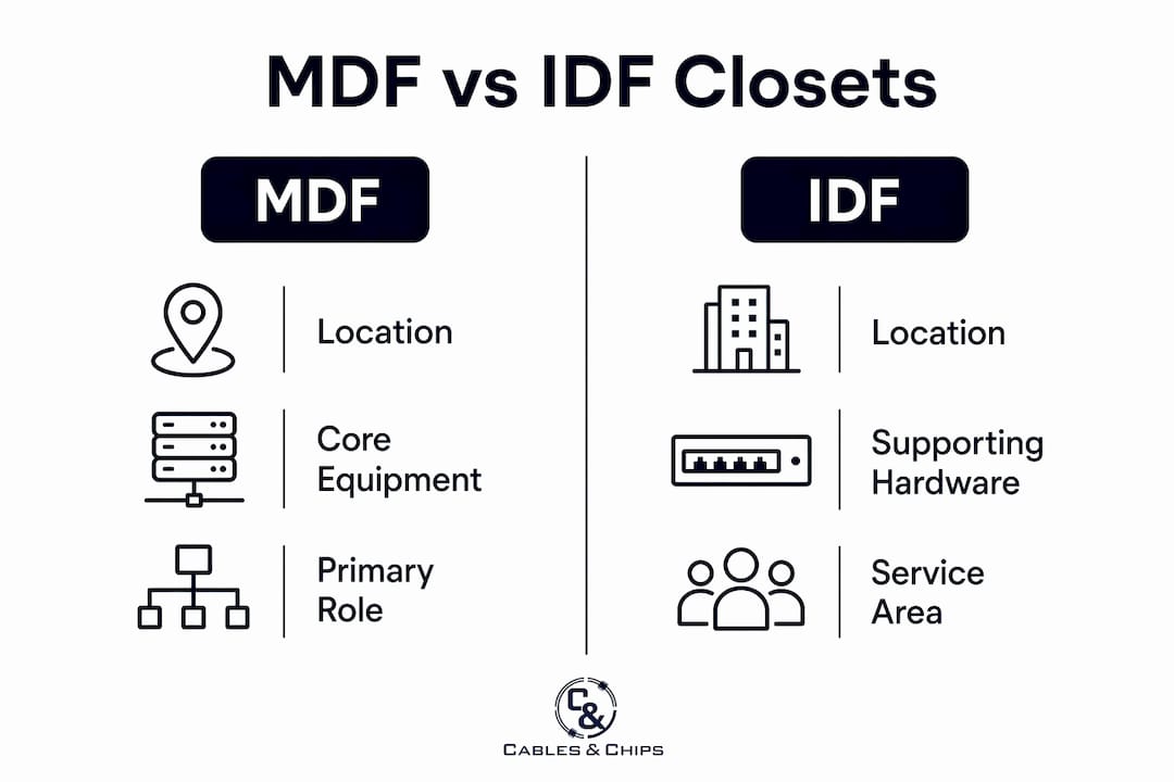 Infographic comparing MDF and IDF network closets