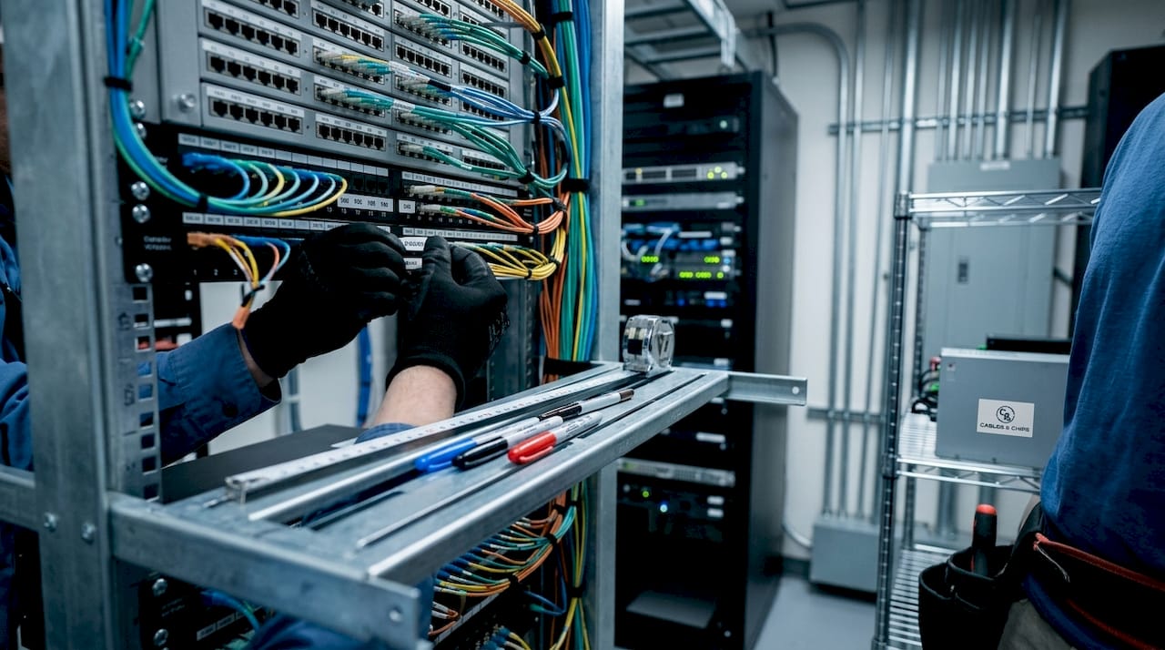 Hands labeling patch panel ports in telecom room