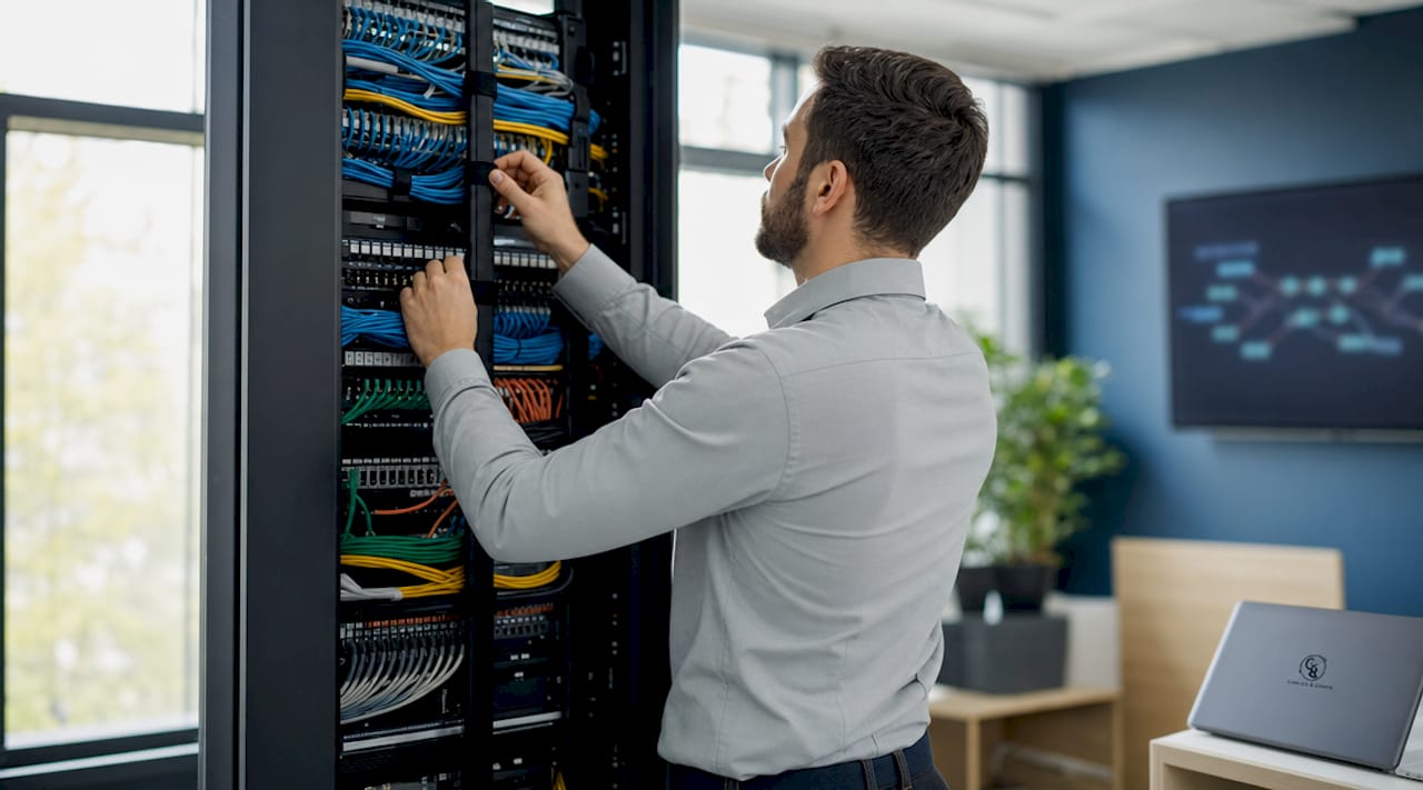 Hands organizing cables with cable managers