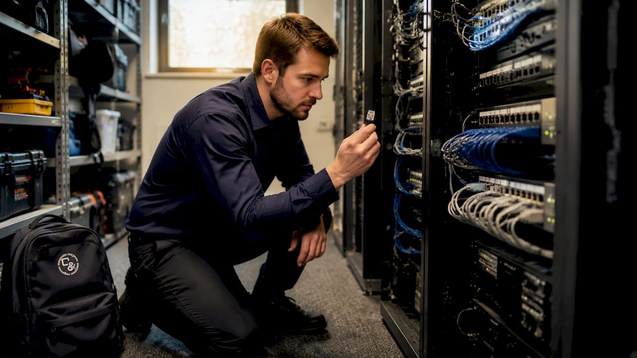 Hand disconnecting Ethernet cable at patch panel