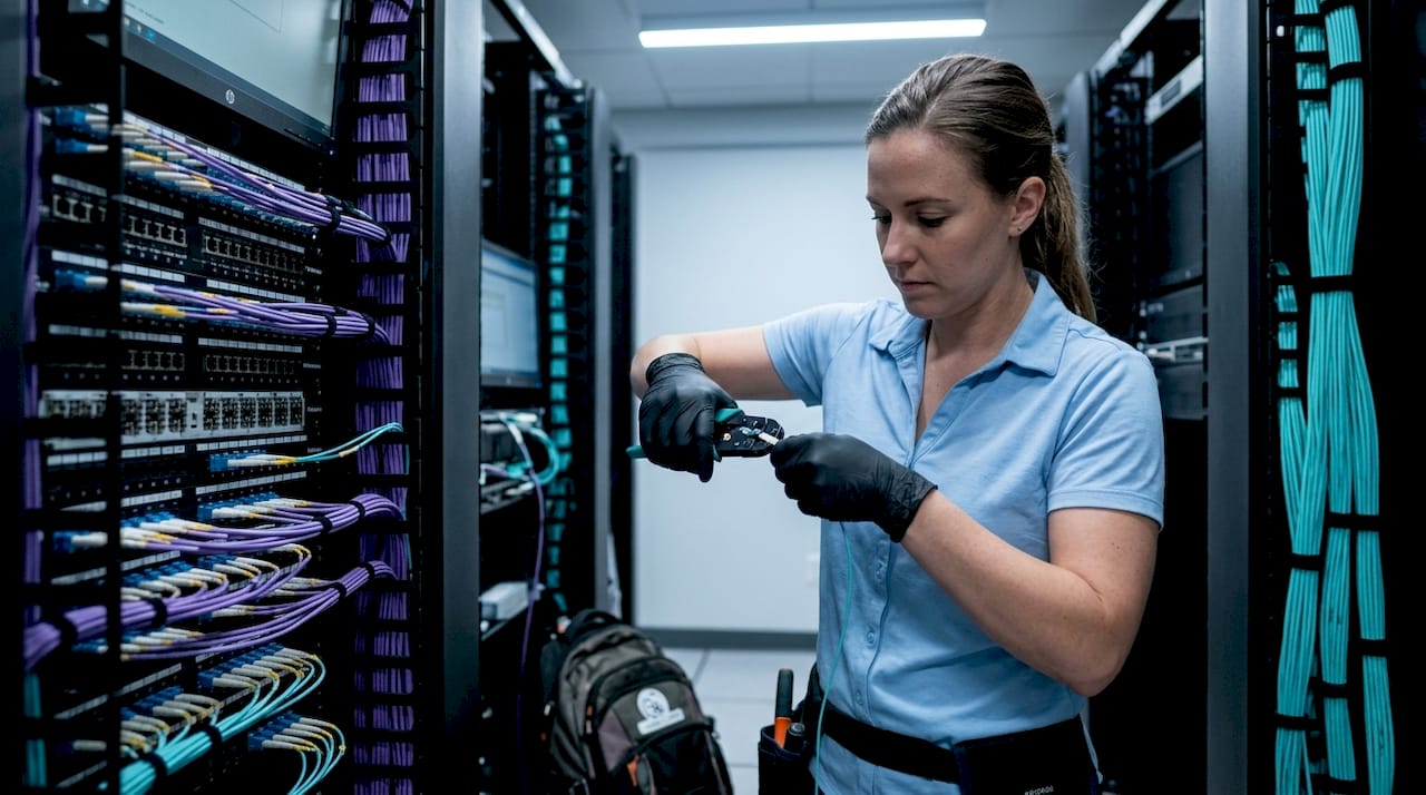 Hands terminating fiber optic cable at patch panel