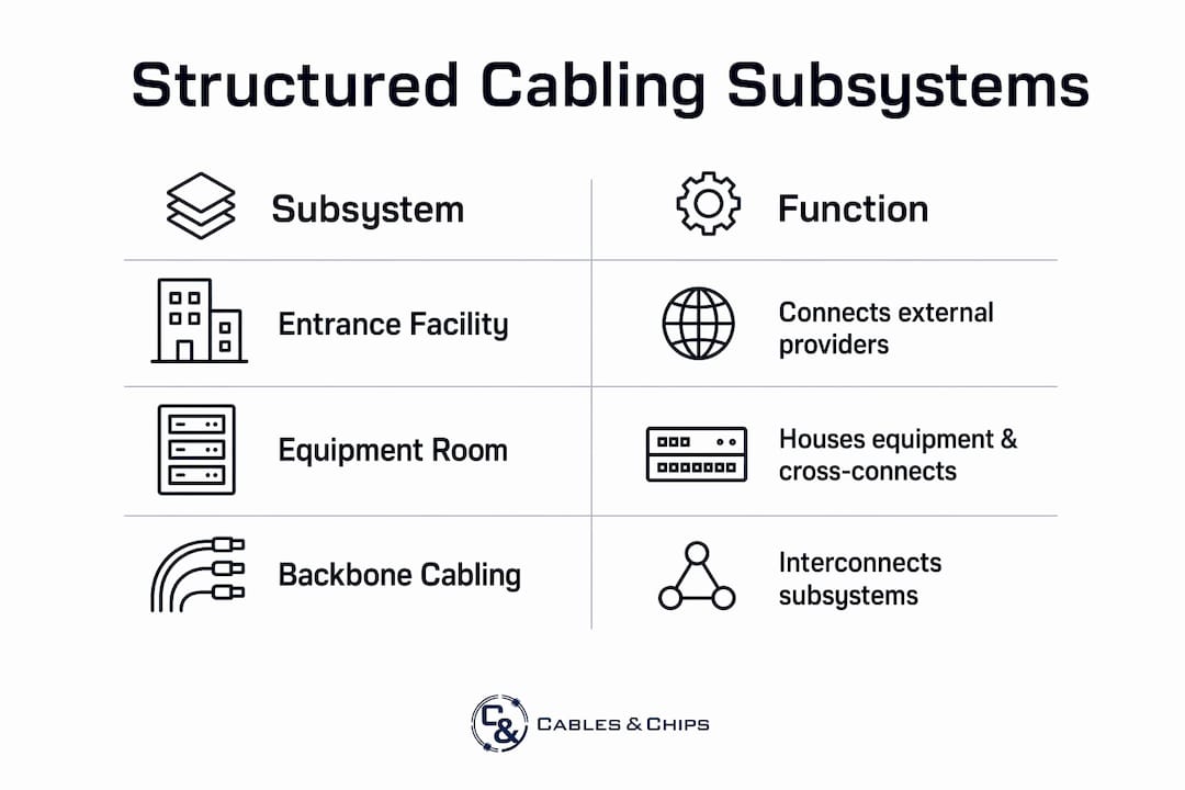 Infographic comparing structured cabling subsystems and functions