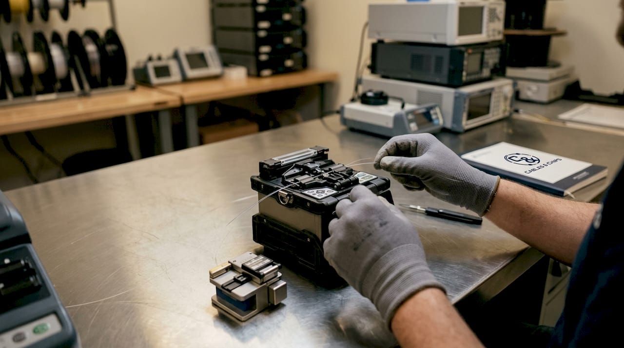 Technician splicing single-mode fiber optic cable