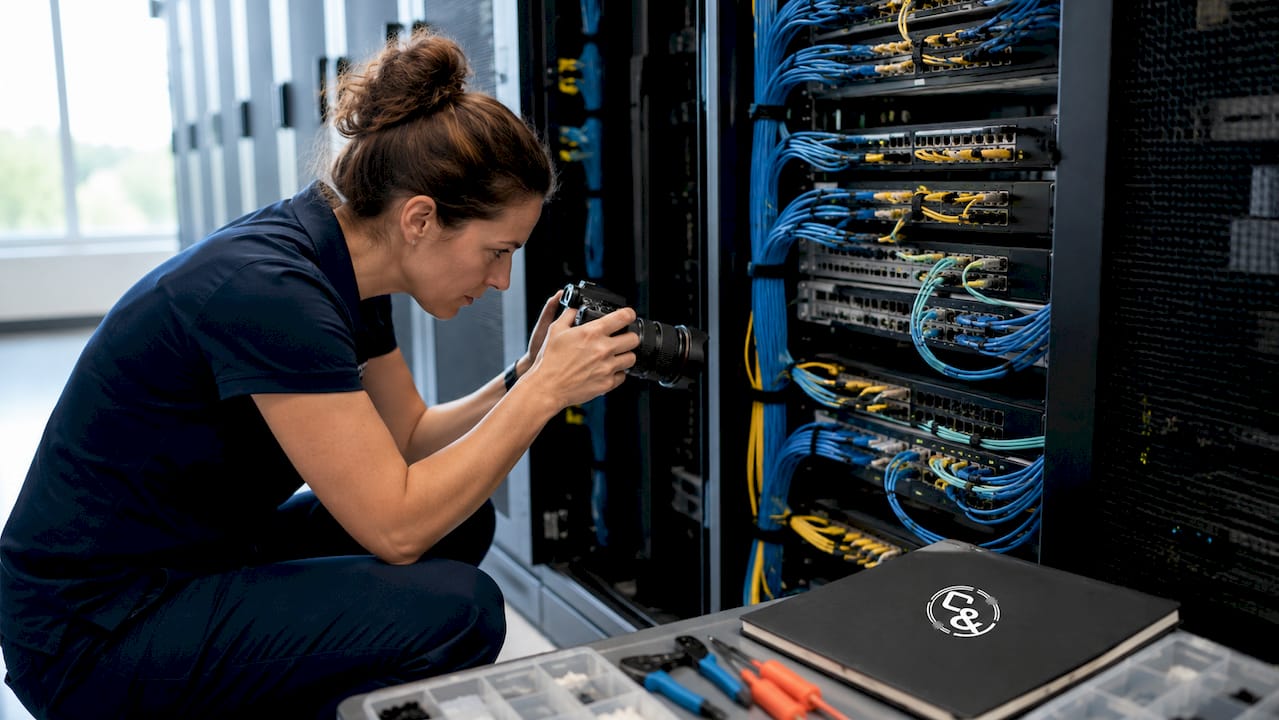 Technician photographing cable routes in server closet