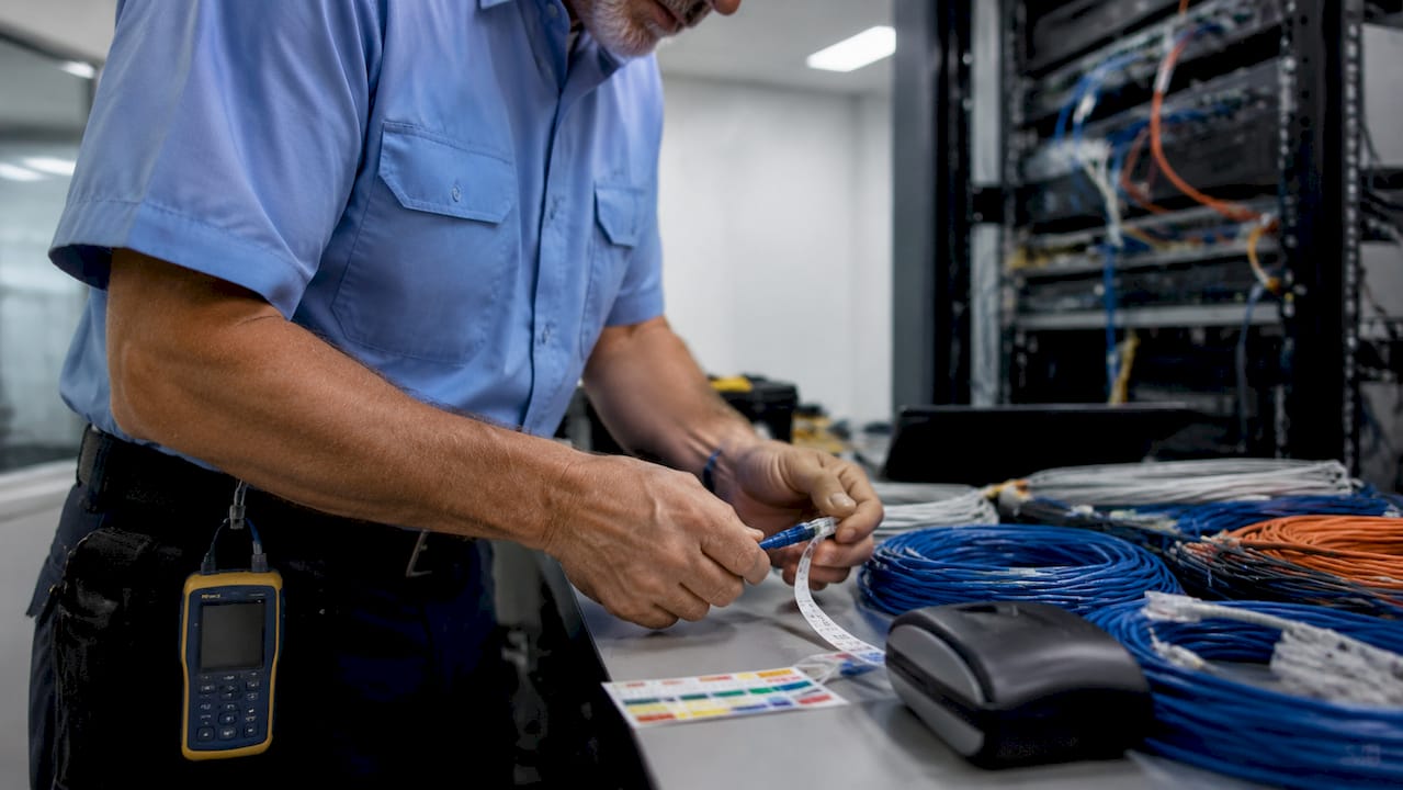 Technician testing and labeling office network cables