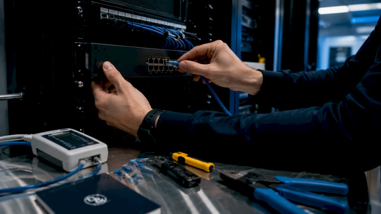 Close-up of hands connecting Cat6 cable to device