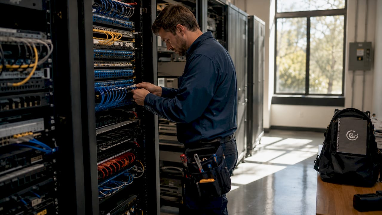 Technician installing Cat 6A cables in telecom room