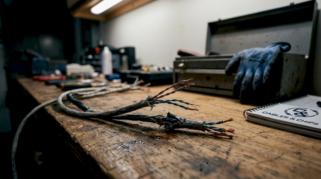 Damaged network cables showing insulation failure