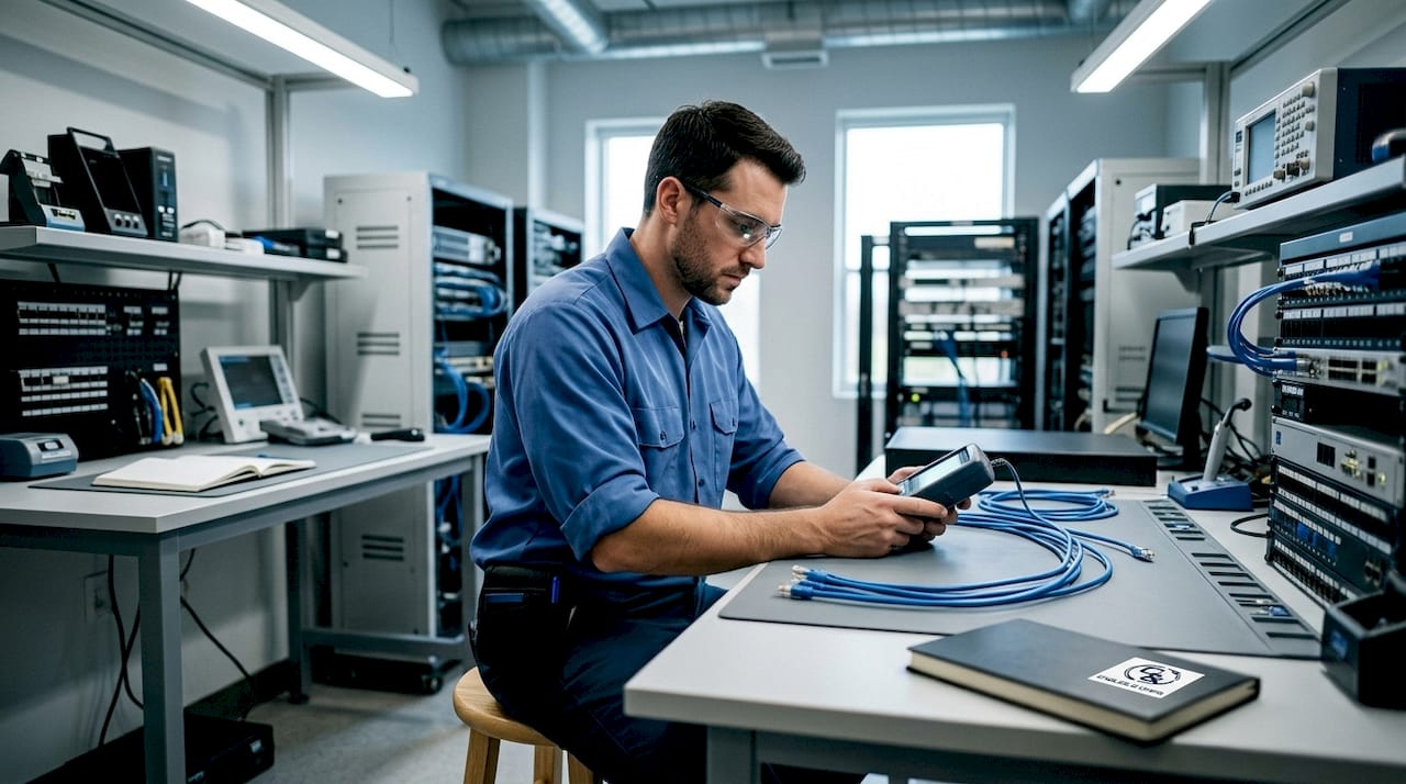 Technician testing cables in server room
