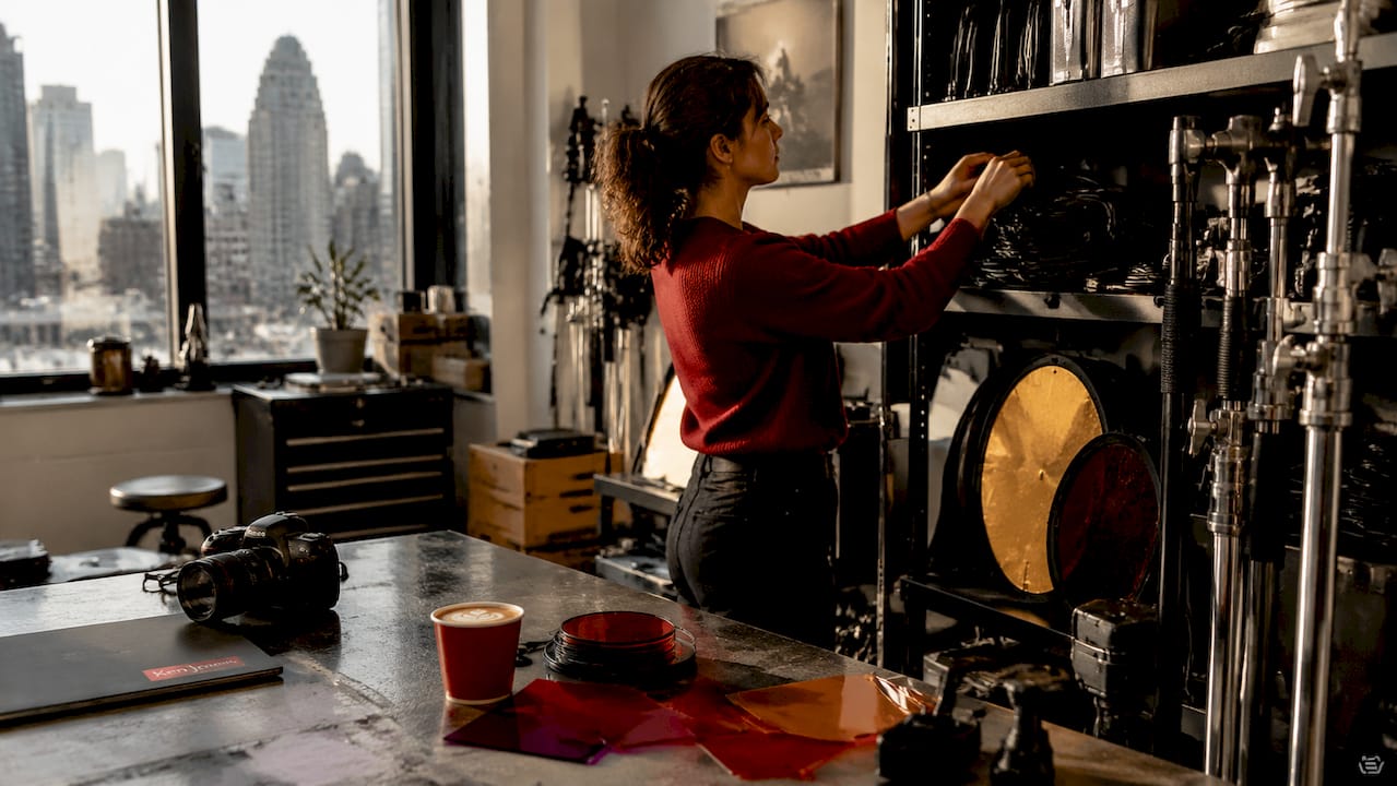 Studio manager organizing equipment in Manhattan loft
