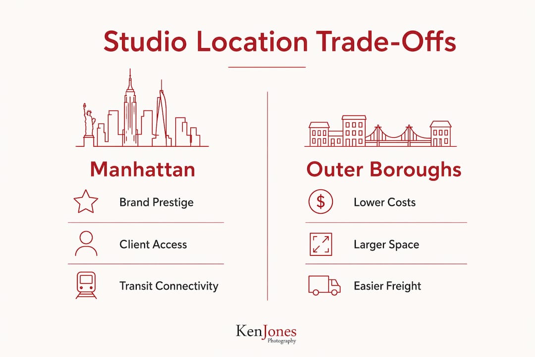 Infographic comparing Manhattan and outer-borough studio trade-offs
