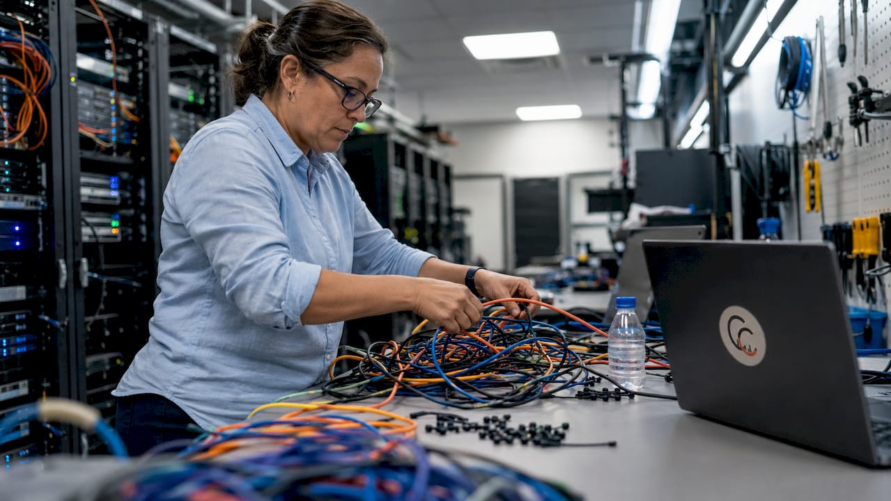Technician untangling messy computer cables
